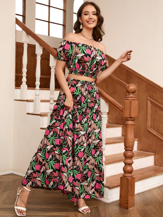 Floral Off-Shoulder Top and Maxi Skirt Set Calopterix by Alaedine Hamdi