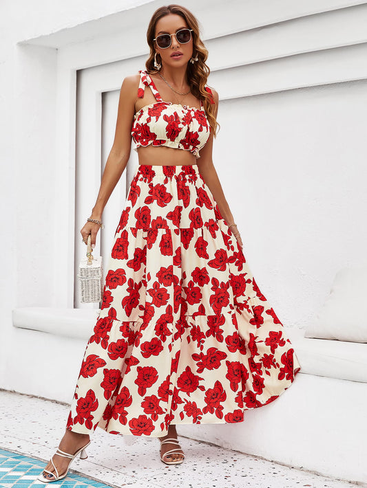 Floral Tie Shoulder Top and Tiered Maxi Skirt Set Calopterix by Alaedine Hamdi