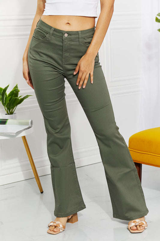 Full Size High-Rise Bootcut Jeans in Olive Calopterix by Alaedine Hamdi