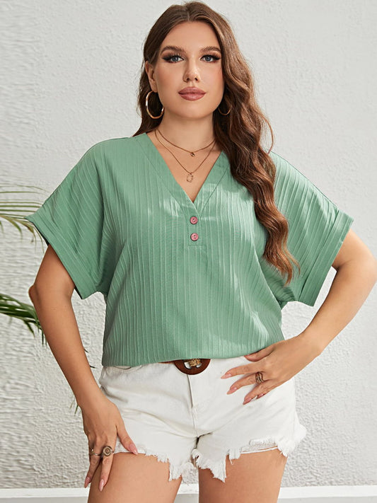 Plus Size Buttoned V-Neck Short Sleeve Top Calopterix by Alaedine Hamdi