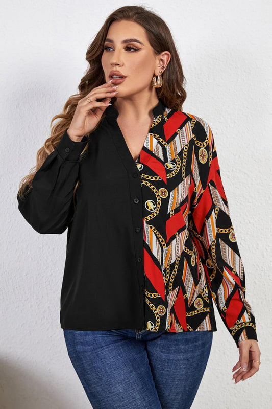 Plus Size Contrast Color Notched Neck Shirt Calopterix by Alaedine Hamdi