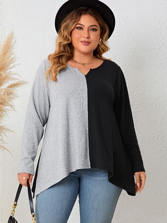 Plus Size Contrast Notched Neck T-Shirt Calopterix by Alaedine Hamdi