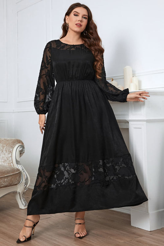 Plus Size Embroidery Round Neck Long Sleeve Maxi Dress Calopterix by Alaedine Hamdi