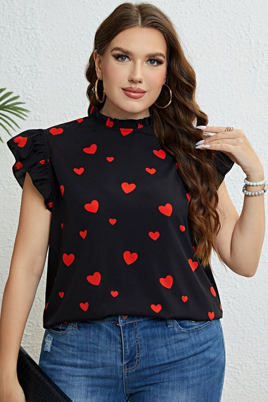 Plus Size Heart Print Butterfly Sleeve Mock Neck Top Calopterix by Alaedine Hamdi