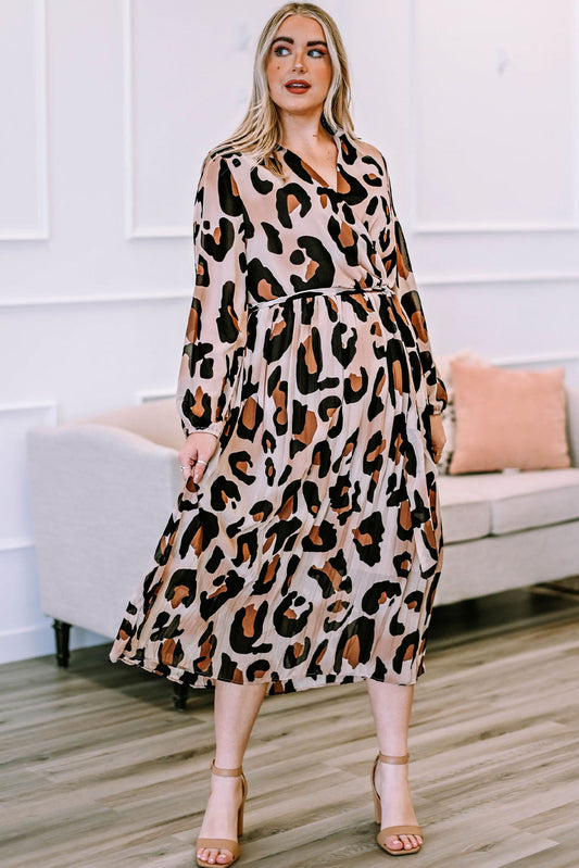 Plus Size Leopard Print Surplice Neck Long Sleeve Midi Dress Calopterix by Alaedine Hamdi
