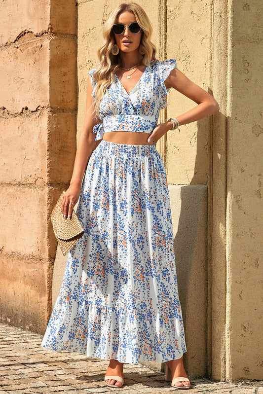 Printed Tie Back Cropped Top and Maxi Skirt Set Calopterix by Alaedine Hamdi